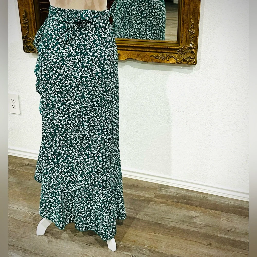 Green Irish Shamrock Print Ruffle Wrap Skirt Farmhouse Lucky St Patrick’s Day